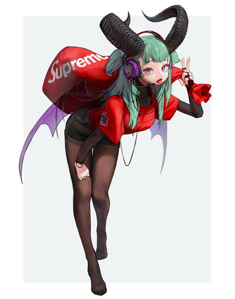 Anime picture 1707x2166 with original supreme rinotuna single long hair tall image looking at viewer fringe highres open mouth simple background standing purple eyes full body long sleeves horn (horns) green hair short sleeves two side up no shoes