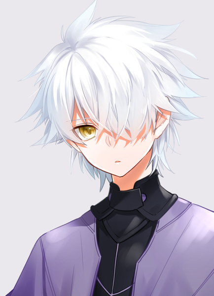 Anime picture 670x925 with fate (series) fate/grand order galahad (fate) waka (shark waka) single tall image looking at viewer fringe short hair simple background upper body white hair parted lips hair over one eye grey background portrait boy