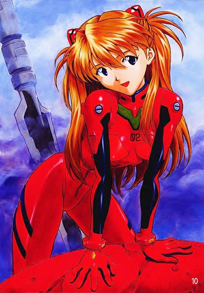 Anime picture 761x1090 with neon genesis evangelion gainax soryu asuka langley sadamoto yoshiyuki single long hair tall image fringe breasts open mouth blue eyes smile looking away head tilt arm support midriff leaning two side up leaning forward girl