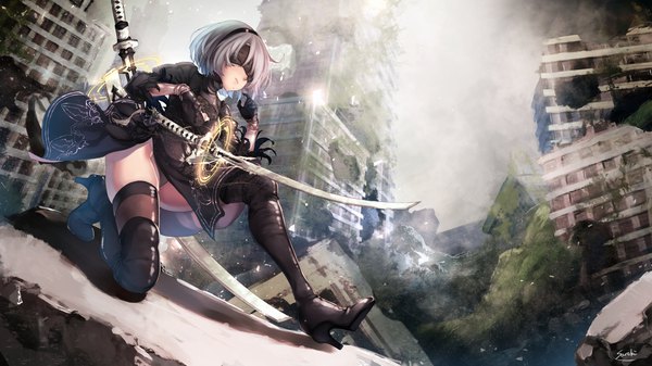 Anime picture 1920x1080 with nier nier:automata yorha no. 2 type b saraki single highres short hair light erotic wide image holding signed full body white hair mole high heels wallpaper kneeling mole under mouth sheathed ruins