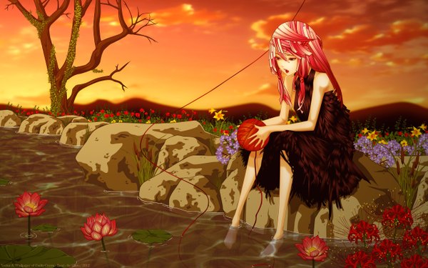 Anime picture 2560x1600 with guilty crown production i.g yuzuriha inori tagme (artist) single long hair highres open mouth wide image sitting bare shoulders pink hair barefoot girl dress flower (flowers) water