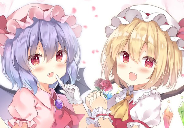 Anime picture 1920x1334 with touhou flandre scarlet remilia scarlet saeki sora looking at viewer blush fringe highres open mouth blonde hair smile hair between eyes red eyes multiple girls holding purple hair upper body :d short sleeves fang (fangs)