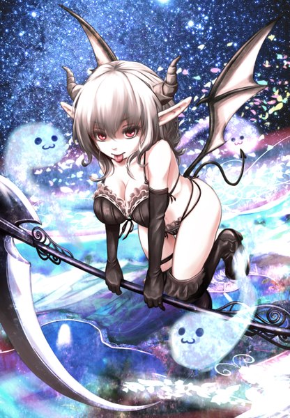 Anime picture 1000x1440 with original bankyuu (hoshibuchi) tall image short hair light erotic pink eyes horn (horns) pointy ears grey hair demon girl :p ghost girl thighhighs gloves underwear panties weapon black thighhighs wings
