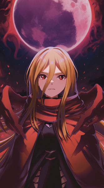 Anime-Bild 1500x2700 mit overlord (maruyama) madhouse evileye (overlord) garigarigurry single long hair tall image looking at viewer fringe blonde hair hair between eyes red eyes standing upper body outdoors fang (fangs) red moon girl moon cape
