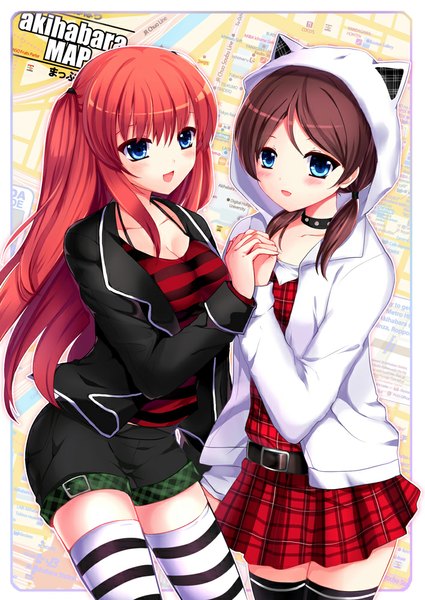 Anime picture 709x1001 with original mafuyu long hair tall image blush short hair open mouth blue eyes brown hair multiple girls animal ears red hair cat ears holding hands girl thighhighs dress 2 girls jacket shorts