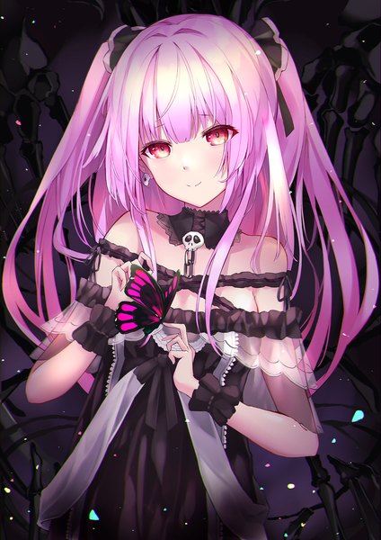 Anime picture 1200x1697 with virtual youtuber hololive uruha rushia uruha rushia (3rd costume) kie (yospcd) single long hair tall image looking at viewer fringe smile red eyes pink hair upper body head tilt two side up official alternate costume butterfly on hand girl insect