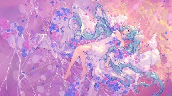 Anime picture 1947x1086 with vocaloid hatsune miku atdan single fringe highres hair between eyes wide image twintails bare shoulders signed payot looking away sky cloud (clouds) full body bent knee (knees) lying very long hair profile