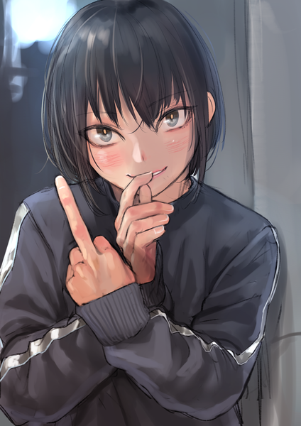 Anime picture 1191x1684 with original kilye 4421 single tall image looking at viewer blush fringe short hair black hair hair between eyes upper body long sleeves head tilt light smile grey eyes hand to mouth middle finger girl