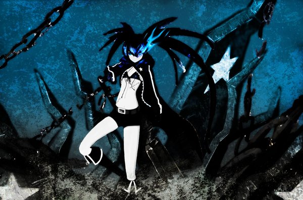 Anime picture 2000x1324 with black rock shooter black rock shooter (character) long hair looking at viewer highres blue eyes black hair twintails glowing scar glowing eye (eyes) girl gloves weapon shorts star (symbol) chain cloak bikini top