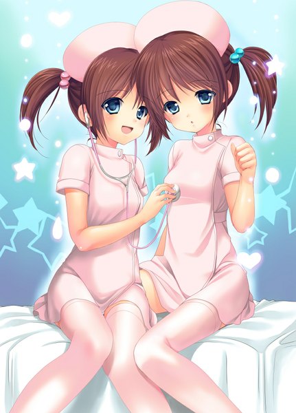 Anime picture 718x1000 with original azuma yuki tall image looking at viewer blush short hair open mouth blue eyes light erotic brown hair twintails multiple girls short twintails lolicon nurse examination girl thighhighs 2 girls white thighhighs