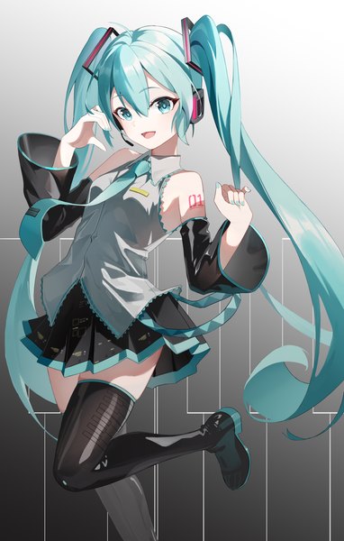 Anime picture 2605x4093 with vocaloid hatsune miku dowal single tall image fringe highres open mouth hair between eyes standing twintails very long hair nail polish :d aqua eyes aqua hair standing on one leg aqua nail polish girl detached sleeves
