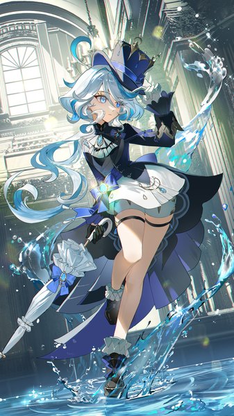 Anime picture 3240x5760 with genshin impact furina (genshin impact) guaisanmu single long hair tall image highres blue eyes standing looking away absurdres silver hair full body ahoge indoors multicolored hair sparkle standing on one leg colored inner hair adjusting hat