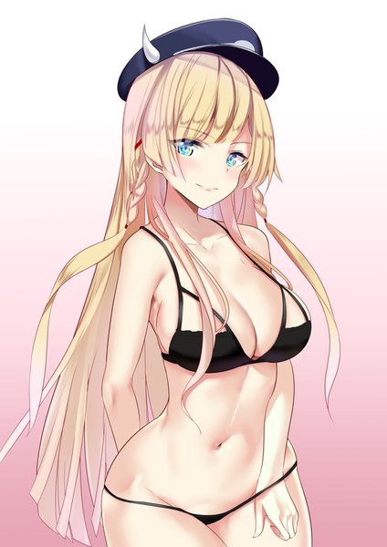 Anime picture 1158x1637 with azur lane kongou (azur lane) schreibe shura single long hair tall image looking at viewer fringe breasts blue eyes light erotic simple background blonde hair smile large breasts standing bare shoulders payot blunt bangs braid (braids)