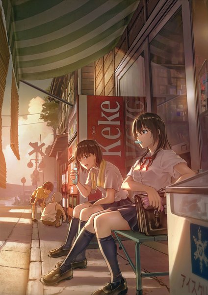 Anime picture 1441x2039 with original sugi87 long hair tall image looking at viewer blush fringe short hair black hair hair between eyes standing sitting multiple girls holding brown eyes sky cloud (clouds) outdoors pleated skirt multiple boys