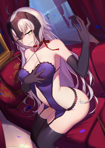 Anime picture 827x1169 with fate (series) jeanne d'arc (fate) (all) jeanne d'arc alter (fate) langya beike single long hair tall image looking at viewer blush breasts light erotic smile sitting bare shoulders yellow eyes cleavage silver hair ahoge parted lips arm up