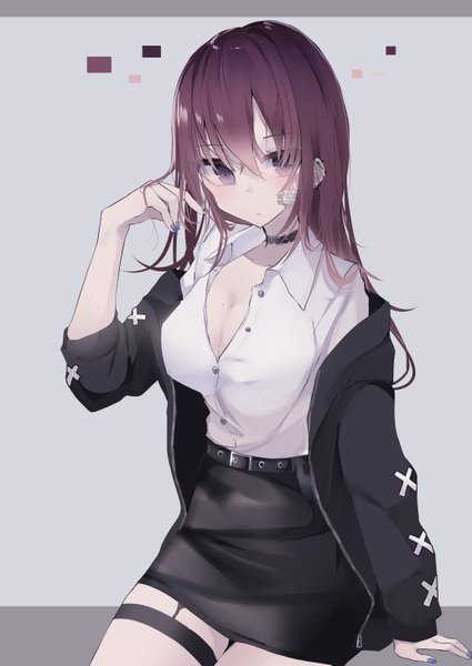 Anime picture 1032x1457 with original tsuruse single long hair tall image looking at viewer blush fringe breasts simple background hair between eyes sitting purple eyes cleavage purple hair long sleeves nail polish arm up fingernails off shoulder