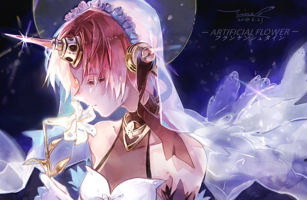 Anime picture 1570x1024 with fate (series) fate/apocrypha frankenstein's monster (fate) tina (tinashan2) single short hair breasts bare shoulders holding signed pink hair upper body eyes closed head tilt profile horn (horns) light smile inscription sparkle text