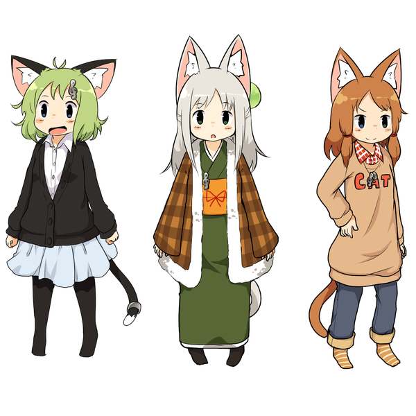 Anime picture 1280x1280 with original rinneko (good sun) kourineko (good sun) yuineko (good sun) yutturi long hair looking at viewer short hair open mouth blue eyes smile brown hair standing multiple girls green eyes animal ears silver hair full body tail long sleeves