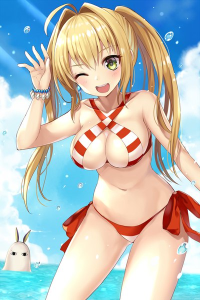 Anime picture 1000x1499 with fate (series) fate/grand order fate/extra nero claudius (fate) nero claudius (swimsuit caster) (fate) nitocris (fate) nitocris (swimsuit assassin) (fate) harimoji long hair tall image looking at viewer blush fringe breasts open mouth light erotic blonde hair smile hair between eyes large breasts