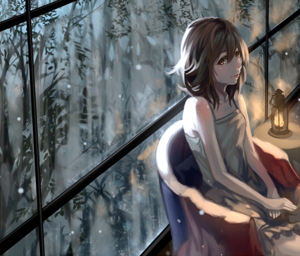 Anime picture 1500x1279 with original kuroduki (pieat) single looking at viewer fringe short hair brown hair sitting bare shoulders brown eyes light smile light snowing winter pale skin girl dress window white dress lantern