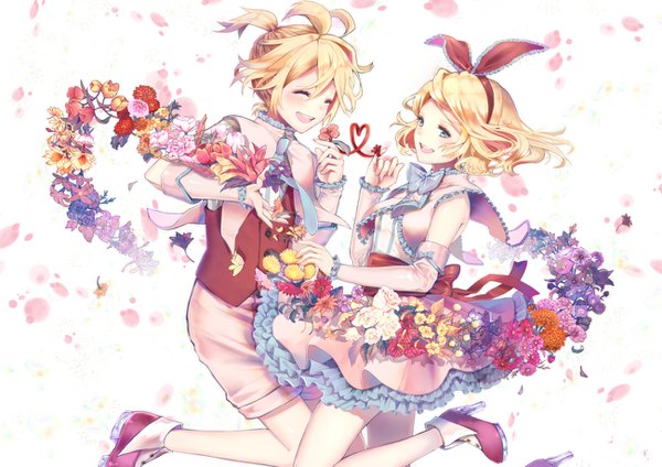 Anime picture 1300x919 with vocaloid kagamine rin kagamine len kyashii (a3yu9mi) blush short hair open mouth blonde hair smile white background ahoge bent knee (knees) ponytail aqua eyes high heels siblings jumping twins heart of string girl