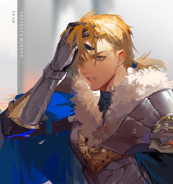 Anime picture 1031x1100 with fire emblem fire emblem: three houses nintendo dimitri alexandre blaiddyd minty0 single tall image blue eyes blonde hair signed looking away upper body copyright name dated low ponytail hand on head clenched teeth boy armor