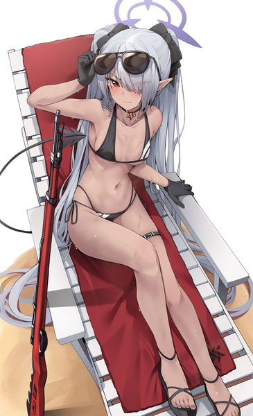 Anime picture 1058x1738 with blue archive iori (blue archive) iori (swimsuit) (blue archive) ddangbi single tall image fringe light erotic red eyes twintails silver hair full body tail very long hair from above pointy ears hair over one eye official alternate costume dark skin demon girl