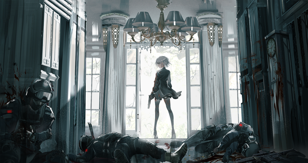 Anime picture 2000x1058 with original swav looking at viewer fringe highres short hair hair between eyes wide image standing holding silver hair full body indoors profile looking back from behind high heels solo focus silver eyes blood on face