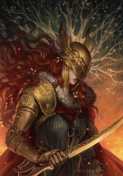 Anime picture 1204x1720 with elden ring malenia blade of miquella denahelmi single long hair tall image holding signed upper body red hair realistic fur trim floating hair girl weapon plant (plants) tree (trees) fur cape helmet