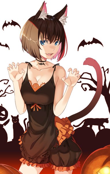 Anime picture 1375x2161 with original kimura (ykimu) single tall image looking at viewer fringe short hair breasts open mouth blue eyes hair between eyes brown hair large breasts white background bare shoulders animal ears cleavage tail animal tail cat ears