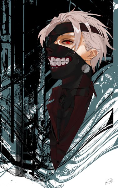 Anime picture 1177x1868 with tokyo ghoul studio pierrot kaneki ken pencil maru single tall image short hair red eyes looking away silver hair upper body profile teeth abstract boy mask eyepatch zipper