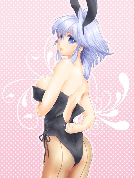 Anime picture 1260x1680 with original lavolpe (yagisaka seto) yagisaka seto (artist) single long hair tall image breasts light erotic blue hair looking back bunny ears heterochromia back undressing bunnysuit