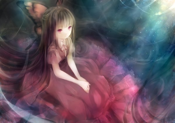 Anime picture 1500x1061 with original himehimeko single long hair looking at viewer red eyes sitting from above sunlight insect wings butterfly wings girl dress bow hair bow red dress