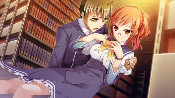 Anime picture 1280x720 with gensou douwa alicetale short hair open mouth red eyes brown hair wide image yellow eyes game cg red hair couple girl boy uniform school uniform glasses shelf bookshelf