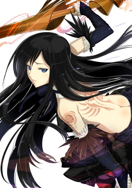 Anime picture 1736x2456 with castlevania konami shanoa nakabayashi reimei single long hair tall image highres blue eyes light erotic black hair simple background bare shoulders tattoo girl gloves elbow gloves spear