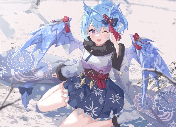 Anime picture 2048x1482 with princess connect! re:dive princess connect! shefi (princess connect!) serika single fringe highres short hair hair between eyes sitting purple eyes blue hair ponytail tail traditional clothes japanese clothes one eye closed from above wariza snow