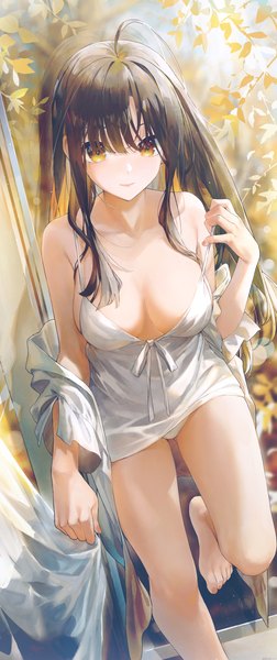 Anime picture 3003x7154 with original swkl:d single long hair tall image looking at viewer fringe highres breasts light erotic black hair large breasts standing yellow eyes absurdres ahoge barefoot from above off shoulder pantyshot