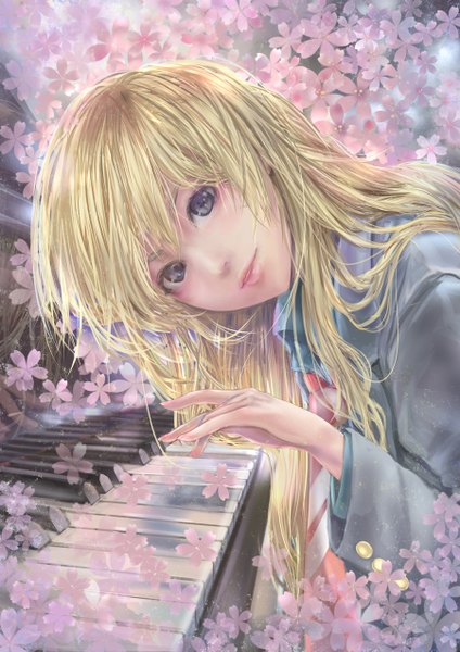 Anime picture 900x1273 with shigatsu wa kimi no uso a-1 pictures miyazono kaori mamoru (mamoru jinja) single long hair tall image looking at viewer fringe blonde hair payot lips grey eyes leaning leaning forward cherry blossoms playing instrument girl flower (flowers) plant (plants)