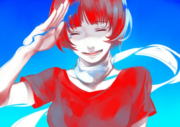 Anime picture 1000x707 with paprika madhouse paprika (character) kon satoshi (director) coralstone single short hair simple background smile red hair tears blue background salute girl scarf