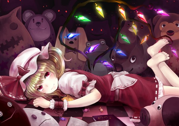 Anime picture 1500x1061 with touhou flandre scarlet minato (shouno) short hair blonde hair smile red eyes lying barefoot girl bow wings food sweets book (books) toy stuffed animal bonnet