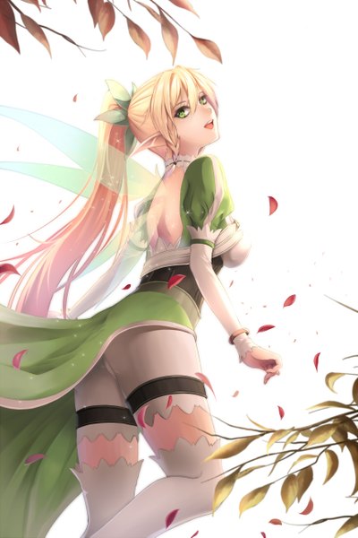 Anime picture 866x1297 with sword art online a-1 pictures leafa maximebb single long hair tall image open mouth blonde hair green eyes ponytail looking back pointy ears elf girl thighhighs dress white thighhighs wings
