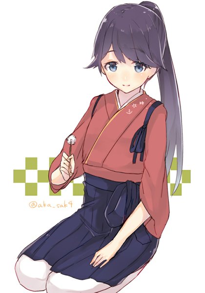 Anime picture 700x1000 with kantai collection houshou light aircraft carrier sakofu single long hair tall image blush fringe blue eyes black hair simple background white background sitting signed ponytail traditional clothes japanese clothes light smile twitter username seiza