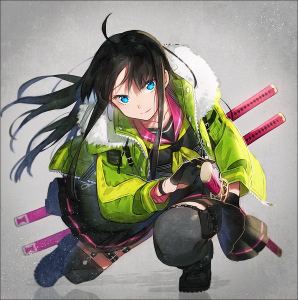 Anime picture 1000x1007 with original hakusai (tiahszld) single long hair tall image looking at viewer fringe black hair simple background holding payot full body ahoge pleated skirt aqua eyes light smile grey background open jacket sparkle zettai ryouiki