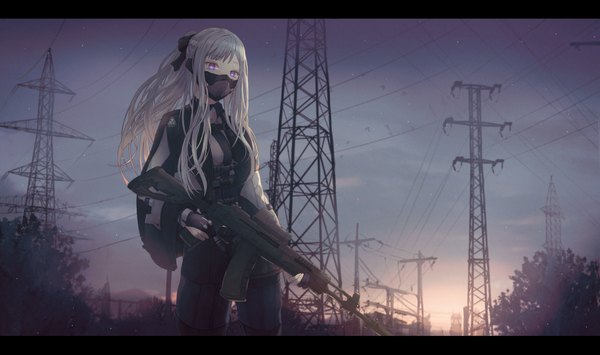 Anime picture 8000x4737 with girls frontline ak-12 (girls frontline) ita (itta) single long hair looking at viewer fringe highres wide image standing purple eyes holding payot absurdres silver hair cloud (clouds) outdoors ponytail braid (braids) night
