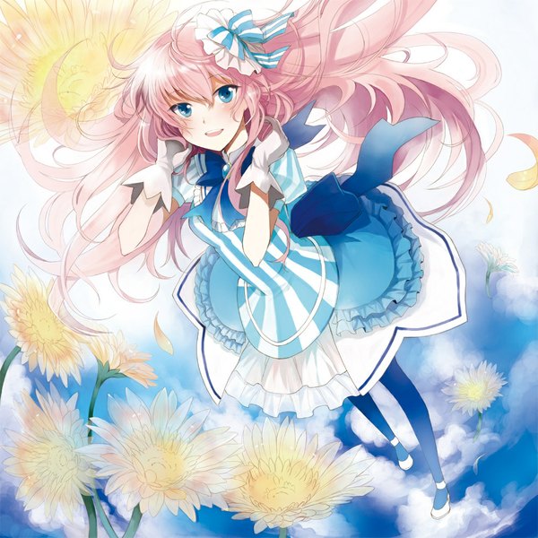 Anime picture 1000x1000 with project diva project diva 2nd vocaloid megurine luka miyabi akino single long hair looking at viewer blush fringe blue eyes smile pink hair sky cloud (clouds) alternate costume fraulein (module) girl gloves hair ornament
