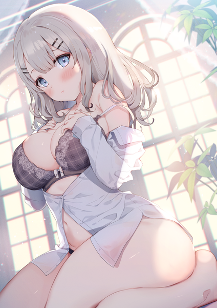 Anime picture 2604x3683 with original kat (bu-kunn) single long hair tall image looking at viewer blush fringe highres breasts blue eyes light erotic large breasts sitting bare shoulders indoors long sleeves grey hair sunlight off shoulder