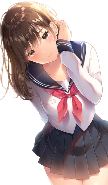 Anime picture 800x1360 with original noda shuha single long hair tall image looking at viewer blush fringe simple background hair between eyes brown hair white background brown eyes head tilt pleated skirt arm up light smile leaning leaning forward sleeves past wrists