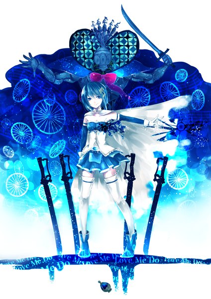 Anime picture 1414x2000 with mahou shoujo madoka magica shaft (studio) miki sayaka oktavia von seckendorff nana colors single tall image short hair blue eyes standing blue hair full body outstretched arm magical girl spoilers girl thighhighs gloves weapon white thighhighs