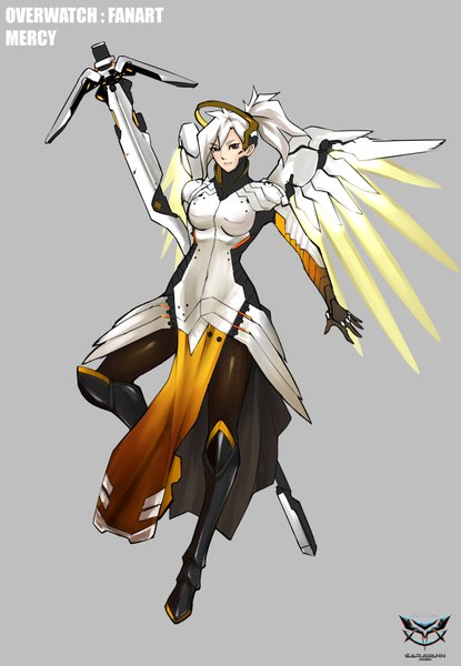 Anime picture 2834x4099 with overwatch blizzard entertainment mercy (overwatch) ohmega18 single tall image looking at viewer highres short hair breasts simple background white hair ponytail black eyes grey background mechanical wings girl wings staff mechanical halo