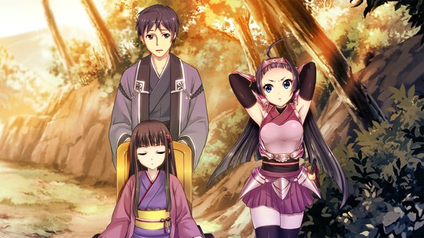 Anime picture 1280x720 with sengoku hime 5 long hair short hair blue eyes black hair wide image multiple girls brown eyes game cg ahoge eyes closed traditional clothes japanese clothes girl boy skirt 2 girls plant (plants) tree (trees) kimono